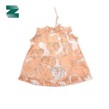 Bomullsvevd rund krage ermeløs trykt kjole